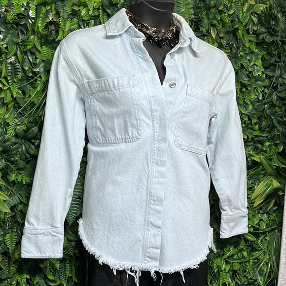 ZARA Top Women Small Blue Jeans Oversized Denim Blouse Button Distressed 2573 - Picture 3 of 7